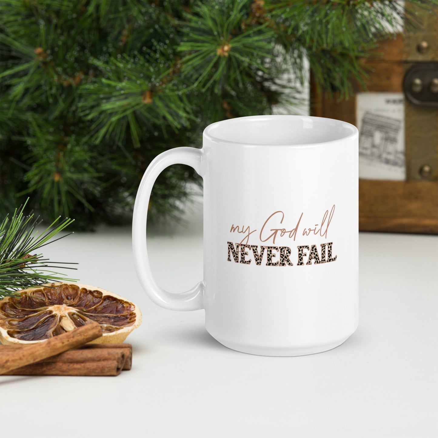 My God Never Fails White glossy mug