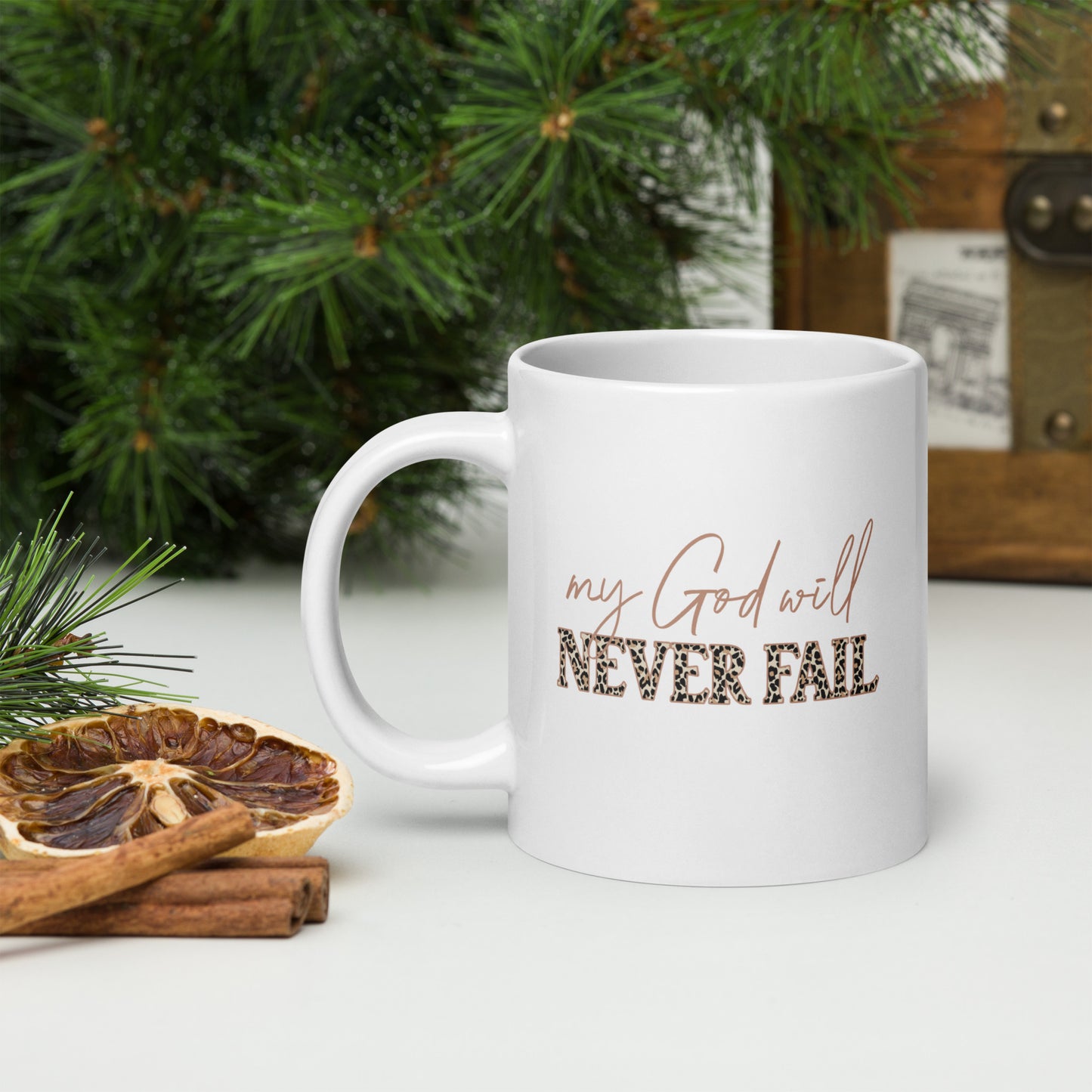 My God Never Fails White glossy mug