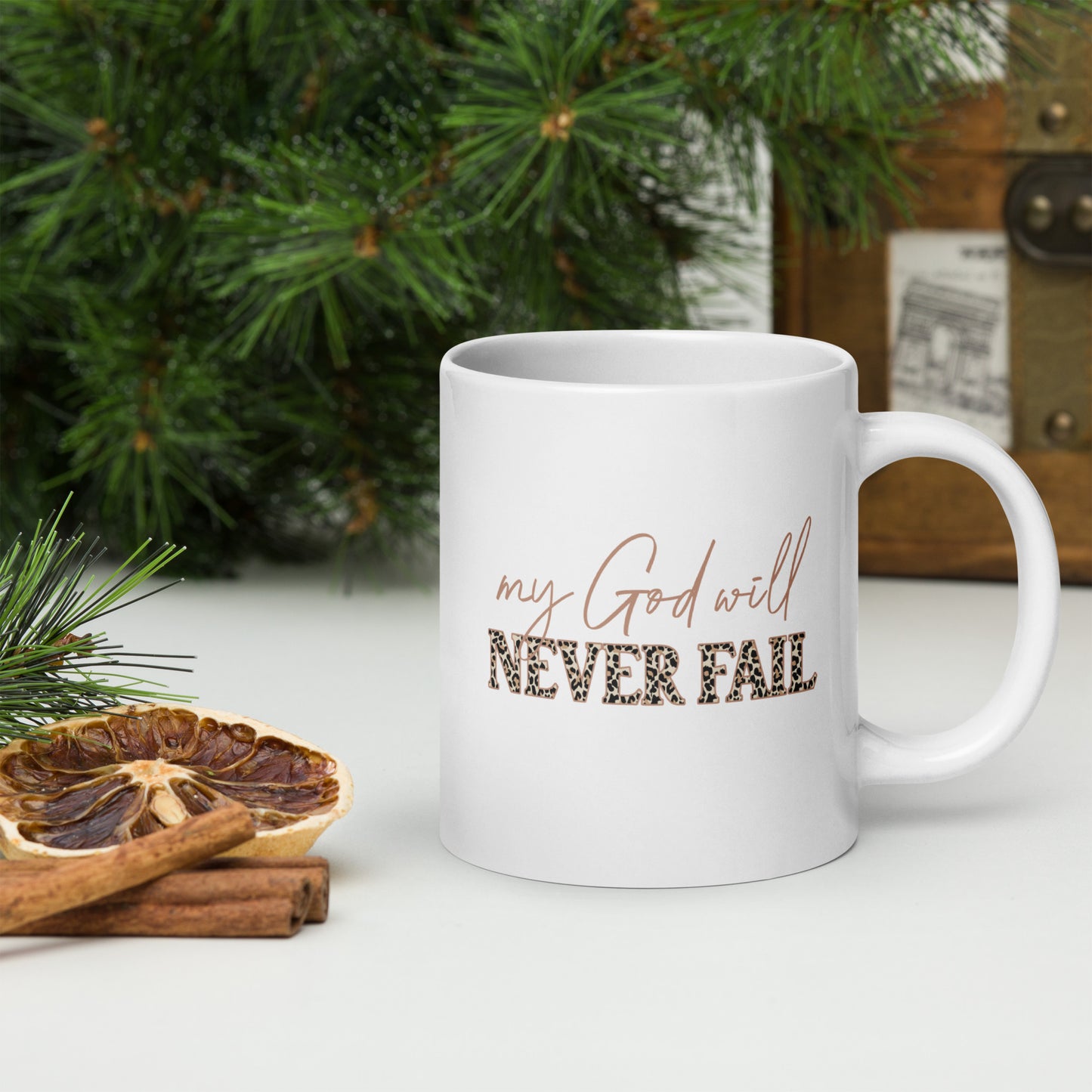 My God Never Fails White glossy mug